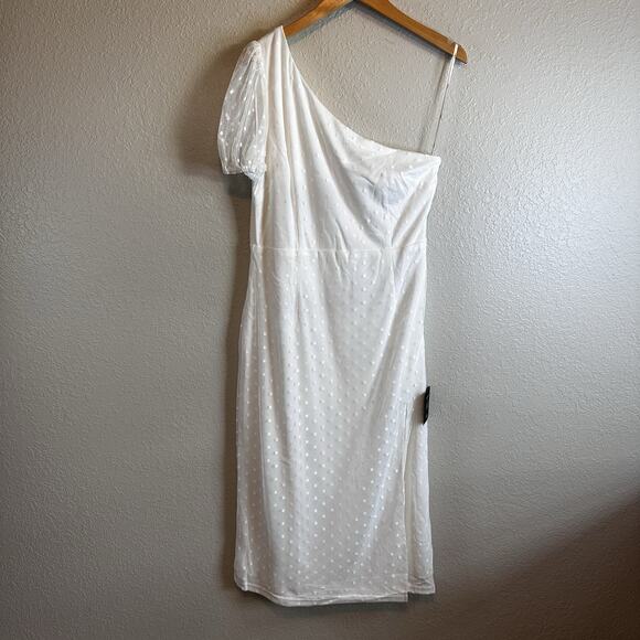 NWT Lulu’s Dress White Polka Dot Mesh One-Shoulder Midi XL Slit Cocktail Event - Picture 4 of 11